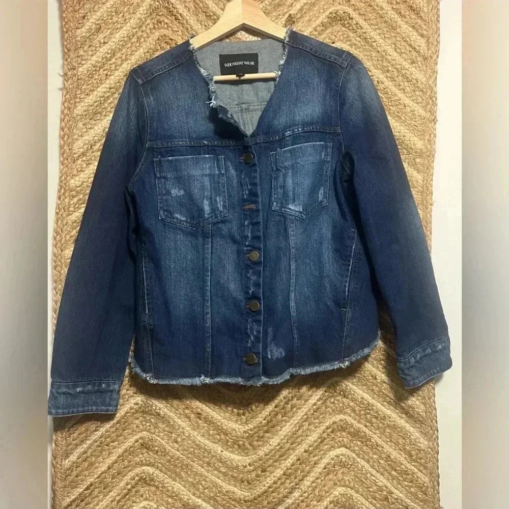 WhoWhatWear Women's Dark Wash Denim Fringe Biker Jacket, Size L,Brand New no tag